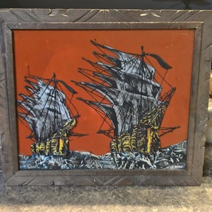 Vintage strukturiertes Segelschiff Wandbild auf oranger Leinwand, Mid Century gerahmt... - Bild 1 von 8