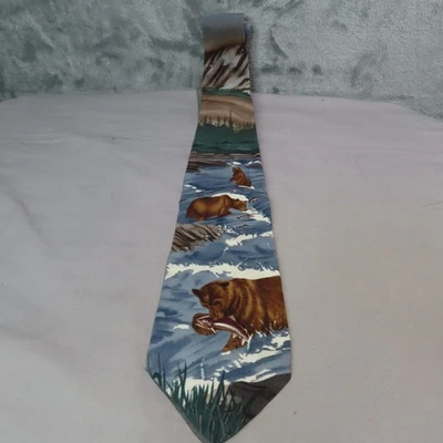 Gravata masculina WWF World Wildlife Fund ursos pardos azul marrom seda Manhattan Group - Imagem 1 de 4