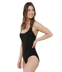NWT Freshwater Black Ribbed One-Piece Swimsuit Size L 12–14 Scoop Neck Button Up - Picture 1 of 12