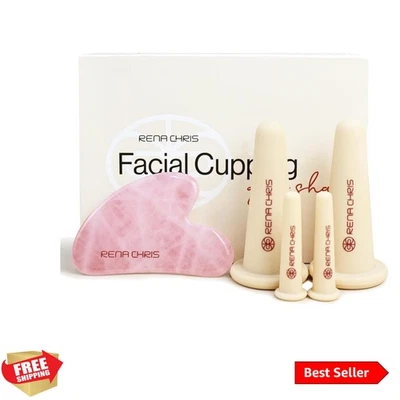 Juego de ventosas faciales y herramienta facial Gua Sha - Juego de ventosas de silicona y cuarzo rosa... Foto 1 de 4