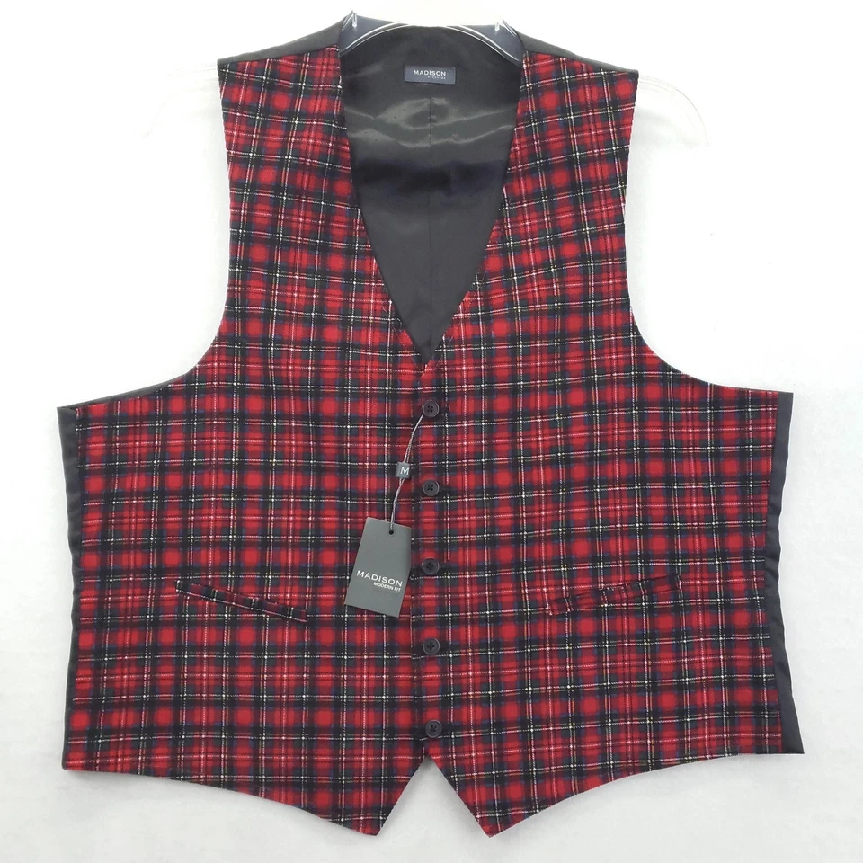 NUEVO Chaleco Madison Para Hombres XL Rojo Tartán Cuadros Ajuste Moderno Forrado Algodón Chaleco Foto 1 de 4