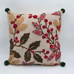 Urlaub Stechpalme Beere bestickt Überwurf Kissen Blatt Zweig Karo Bommeln 18"x18" - Bild 1 von 5