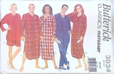 Pijama camisón Butterick patrón de costura 3034 para hombre y mujer talla XS-M sin cortar Foto 1 de 4