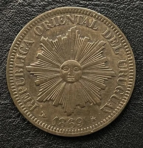 1869-H Republica Oriental del Uruguay 4 Centesimos Bronze Coin XF - Picture 1 of 8