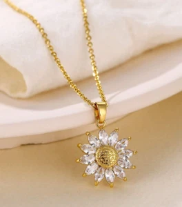 Women's Necklace Sunflower Pendant 18k Gold PL Chain Cubic Zirconia Fine Jewelry - Picture 1 of 3