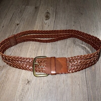 Vintage Handmade LINEA PELLE 2.5” Wide Cinch Belt Boho Leather Brown Braided - Image 1 of 4