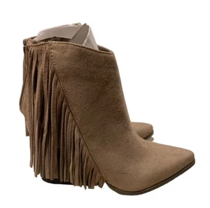 Candie's® Boho Fringe Ultra Suede Heeled Ankle Boots Zip Back Women's Size 8.5 - Picture 1 of 9