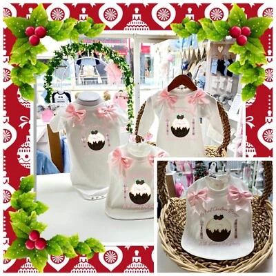🎄 Personalised Girls My first Christmas Dinner Bib Any Names Pink Tartan Bow - Image 1 of 4