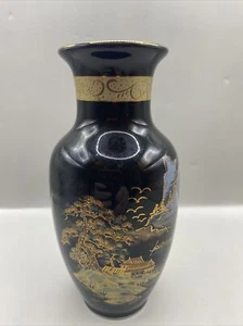 Vintage Hand Painted Black Vase Mountains, Temple &  Boat Design Japan - Picture 1 of 7