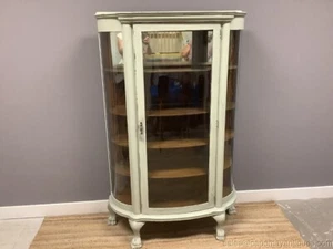 Antique Painted Oak Round China Cabinet Painted Soft Green Original Glass - Picture 1 of 11