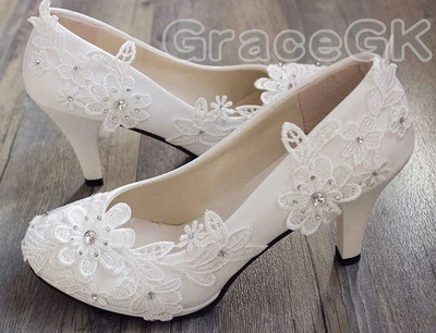 Zapatos de Boda Encaje Blanco Marfil Cristal Zapatos de Novia Zapatos de Tacón Alto Bajo Talla 5-12 Foto 1 de 4