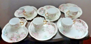 Antik Limoges signiert Künstler handbemalt Rosen Tasse & Untertasse Snack Teller 6 Sets - Bild 1 von 20