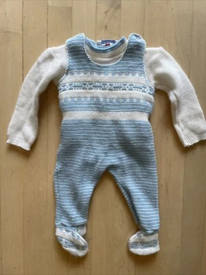 Conjunto de una pieza de calzado tejido azul bebé Marshall Field 6-9 meses vintage Foto 1 de 4