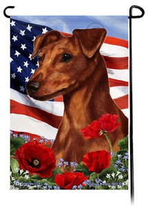 Patriotic Flowers Garden Flag - Uncropped Red Miniature Pinscher - Picture 1 of 1