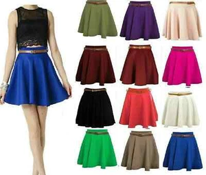 New Women Ladies Plain Belted Flared Short Mini Skater Swing Party School Skirt - Picture 1 of 22