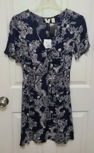 NEW ROXY Womens Summer on Top Short Sleeve Tie Front A-line Dress Blue Floral XS - Picture 1 of 11