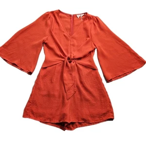 Entro Tie Front Jumpsuit Romper Womens Small Tomato Red Crepe Bell Sleeve Dressy - Picture 1 of 21