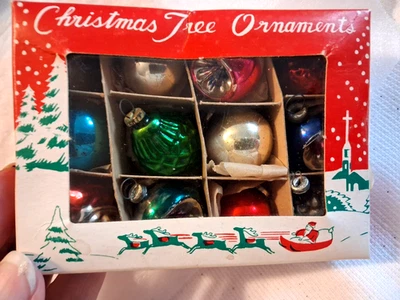 Lot VTG Glass Tiny Feather Tree Indent SANTA Bumpy Christmas Ornaments JAPAN - Image 1 of 4