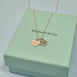 Tiffany & Co. Return Double Mini Green Heart Pendant Silver Necklace Size 19" - Picture 1 of 9