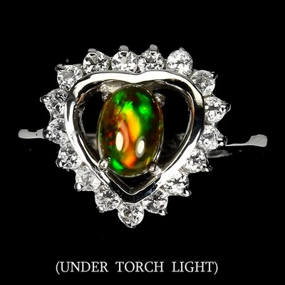 Anello 925 Argento Ovale Nero Opale 7x5mm Bianco Gemma Topazio Gioielli Taglia 8 - Immagine 1 di 4