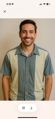 Mens XL Marc Edwards Linen Blend Light/ Med Green Color Block Bowling Shirt - Image 1 of 4