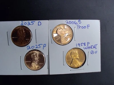 2025 P & D LINCOLN CENT BU + 1 2006 S PROOF + 1 - 1  1958 S 4 COINS HOT - Image 1 of 4