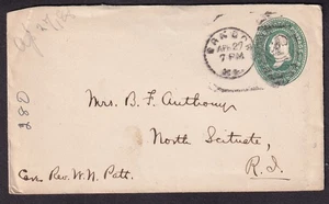 1888 3c postal cover Bangor ME to Mrs B F Anthony North Scituate RI/c/o Rev Patt - Picture 1 of 2