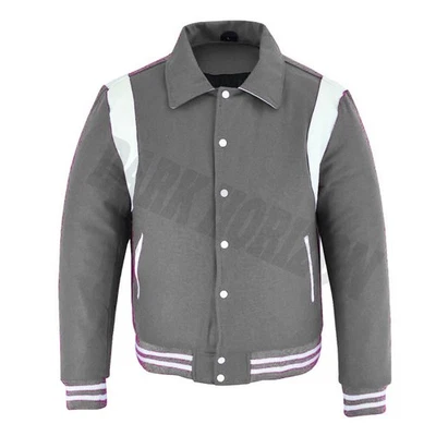 Chaqueta de béisbol bombardero a rayas de cuero blanco lana gris universitaria Letterman College Foto 1 de 4