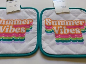 Set of 2 SUMMER VIBES Print SQUARE Cotton Kitchen Potholders - Picture 1 of 2