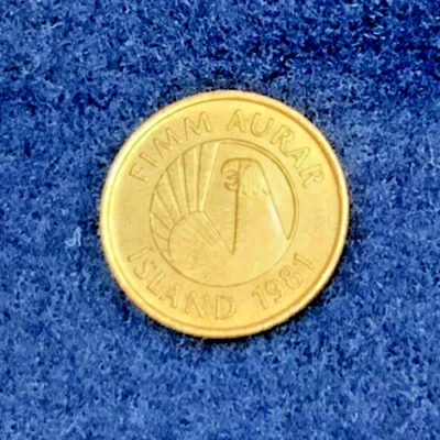 Islandia 1981 5 Aurar sin circular Skate peces y Gammur el Águila; moneda de bronce Foto 1 de 2