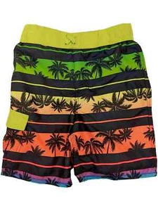 Boys Tropical Orange & Green Stripe Palm Tree Print Swim Trunk Board Shorts XXS - Picture 1 of 2