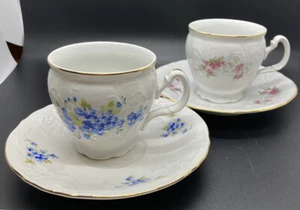 Bernadotte Porcelain Cup/Saucer, Two Sets, 1-Blue Forget-me-Not & 1-Pink Roses - Picture 1 of 12