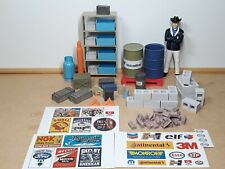 1:18 scale diorama accessories: oil drums, shelf, blocks, crates, toolbox