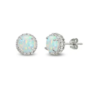 6mm Round Halo Simulated White Opal & Cubic Zirconia 925 Silver Stud Earrings - Picture 1 of 3