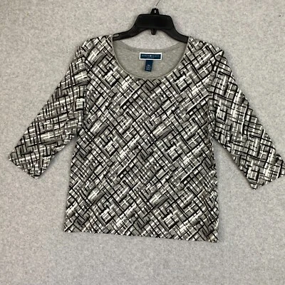 Karen Scott Top Womens PM Black Gray Abstract 3/4 Sleeve Stretch Knit Tee - Image 1 of 4