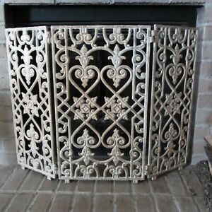 Antique Original Heavy Cast Iron 3 Section Detailed Scroll Fireplace Screen
