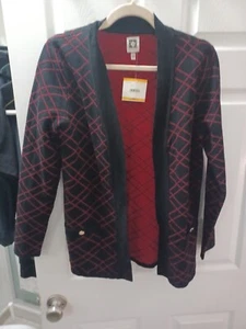 NEW Anne Klein plaid open front long cardigan diagonal check black red sweater S - Picture 1 of 5