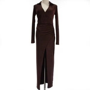SER.O.YA NWT V-Neck Long Sleeve Ruched Dress with Slit Size Small in Brown - Picture 1 of 10