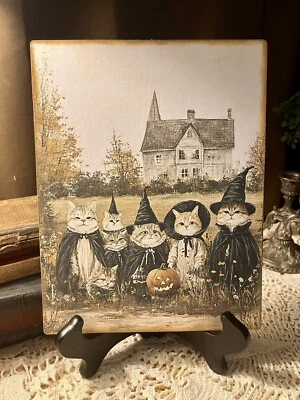 Witchy Cats Squad, Haunted House, Prim Halloween, Handcrafted Canvas Board Sign - Image 1 of 3