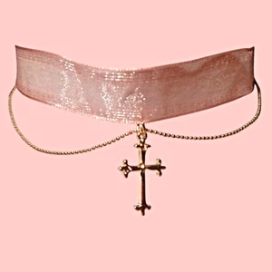 PEACH ORGANZA RIBBON CHOKER DELICATE GOLD CROSS necklace band Christian sheer K4 - Picture 1 of 4