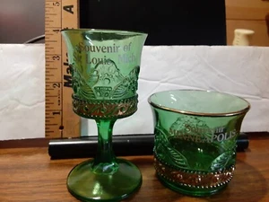 Pair Green Glass w/ Gold Trim Souvenir Minneapolis St Louis Michigan Antique - Picture 1 of 4