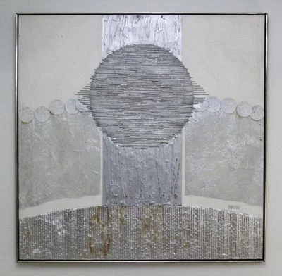 Pintura grande vintage de medios mixtos BRIONI. Arte de montaje moderno de mediados de siglo Foto 1 de 4