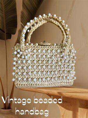 Bolso de mano pequeño vintage blanco con cuentas crema macramé rafia boda verano  Foto 1 de 4