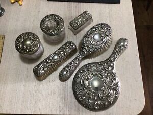 Victorian ￼Silver Plate 6 Piece ￼Dressing Table Vanity Set Bevel Edge Mirror