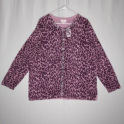 Quacker Factory Button Cardigan Women 1X Purple Sequin Beaded Animal Leopard NEW - Image 1 of 4