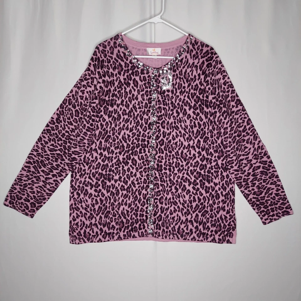Quacker Factory Button Cardigan Women 1X Purple Sequin Beaded Animal Leopard NEW - Image 1 of 4