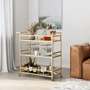 Gold Bar Carts with 3 Tier Glass Shelves, Rolling Serving Bar Cart with Wine ... - Picture 1 of 7
