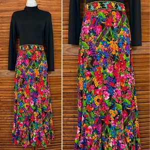 True VTG 1970's Bold Floral Maxi Dress Hostess Gown Psychedelic Style - Size 13 - Picture 1 of 14