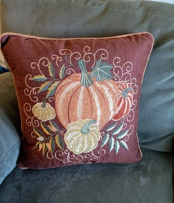 Secret Celebrity Fall Embroidered Pumpkins 17"x17" Throw Pillow COVER ONLY.   - Image 1 of 4