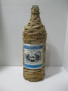 Vintage Large Retsina Wicker Covered Bottle Blue & White Label Green Glass 60's - Picture 1 of 8